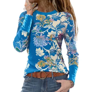 5XL Aukštos Kokybės moteriški Marškinėliai Topai Pavasarį, Rudenį Naujų Mados Plius Dydis-ilgomis Rankovėmis Atspausdintas T-Shirt Prarasti Apvalios Kaklo Moterims
