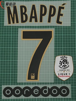 2018-19 MBAPPE #7 toli pavadinimas skaičių RINKINYS + Ligue 1 čempionas PLEISTRAS + OOREDOO Paryžiaus toli MBAPPE #7 nameset