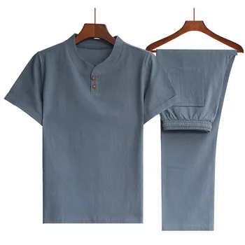 (Marškinėliai + kelnės) 2020 metų vasaros vyrų marškinius Vyras Medvilnės ir lino marškiniai trumpomis rankovėmis vyrų mados atsitiktinis marškinėliai vyrams dydis M-5XL
