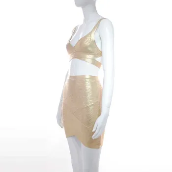 Didmeninė 2020 Nauji Moteriški kostiumai Aukso Spageti Dirželis Tvarstis viršuje&sijonas Kokteilis tvarstis dviejų dalių Komplektas Suknelė (L2909)