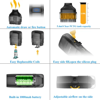 Sandėlyje Pod sistema Aspire Vėjas NXT Rinkinys 1000mAh Baterijos elektroninių cigarečių 5,4 ML Pod keičiamos ritės Akių 0.8 omo