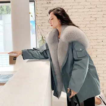 Leiouna Storio Atsitiktinis Moterų 2020 M. Žiemą Šiltas Dirbtiniais Triušio Kailio Įdėklas Parko Paltai Moterų Liemenės, Paltai Lapės Kailių Apykaklės Gaubtu Outwear