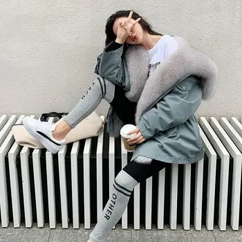 Leiouna Storio Atsitiktinis Moterų 2020 M. Žiemą Šiltas Dirbtiniais Triušio Kailio Įdėklas Parko Paltai Moterų Liemenės, Paltai Lapės Kailių Apykaklės Gaubtu Outwear