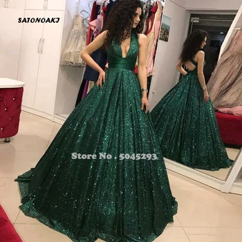 2020 Kuklus Tamsiai Žaliais Blizgančiais Prom Dresses Elegantiškas Giliai V Kaklo Šalis Suknelė Vestidos De Fiesta Skraiste Soiree Įžymybė Sukienki