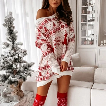 Moterų Kalėdų Off Peties Megztinis Suknelė 2020 M. Rudens Žiemos Ilgomis Rankovėmis Megzti Spausdinti Atsitiktinis Megztinis Negabaritinių Mini Suknelės
