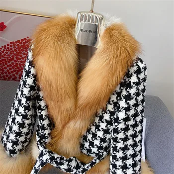 žiemos drabužių moterų 2020 m. Houndstooth susiuvimo red fox silver fox fur coat teismas mados ponios realių kailiai, kailio