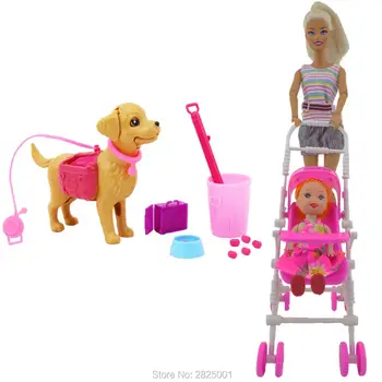 2 Straipsniai /Daug vaikų Vežimėliai + Šuo Pet Rinkiniai, Šunų ėdalas, Kaulai Už Lėlių Lėlių 1:6 Žaislai Barbie Lėlės Kelly Vaikas kalėdos Žaislas