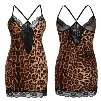 Leopard V-kaklo, Rankovių Nėrinių Nightdress Didelio Dydžio Moteriški Seksualus apatinis Trikotažas Pižamą Gėlių Spausdinti naktiniai drabužiai Plius Dydis Sleepwear