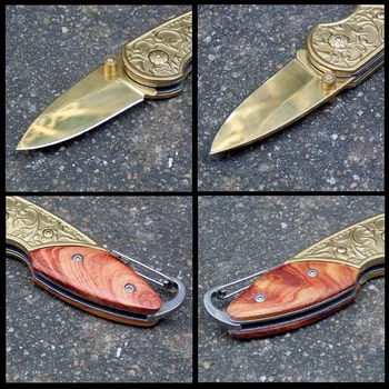 Medinė rankena sulankstomas peilis Kempingas išlikimo ir savigynos nešiojamų praktiškas peilis Aukso ašmenys iš nerūdijančio plieno kraštais