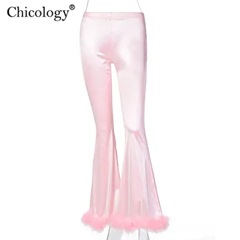 Chicology Satino Šilkinis Kailis Flare Kelnės Bell Bottom 2020 M. Žiemą, Rudenį Seksualių Moterų Drabužių Streetwear Kelnės Y2K Mados Gimtadienis