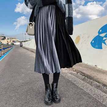 Koranas Stiliaus Moterų Kratinys Spalvos Aksomo Sijonas Rudens Žiemos 2020 Elastinga Juosmens Elegantiškas Plisuotos Ilgi Sijonai Moterims