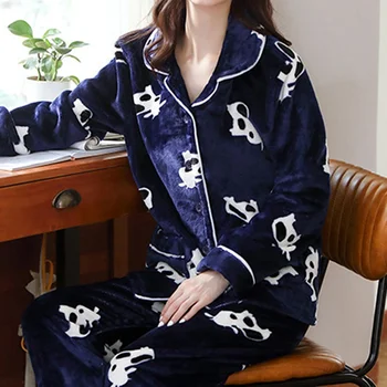 2020 m. Žiemos Pižama Nustatyti Moterų Sleepwear Šiltas Flanelė Pižama ilgomis Rankovėmis Mielas Spausdinti Homewear Kalėdos Tirštėti 2vnt Kostiumas Pijamas