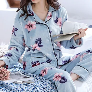 2020 m. Žiemos Pižama Nustatyti Moterų Sleepwear Šiltas Flanelė Pižama ilgomis Rankovėmis Mielas Spausdinti Homewear Kalėdos Tirštėti 2vnt Kostiumas Pijamas