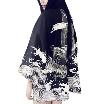 Mados Šifono Japonijos Harajuku Stiliaus Bangos Ir Vėjo Dragon Spausdinti Japonų Kimono Megztinis Moterims Vasaros Viršūnes Y6