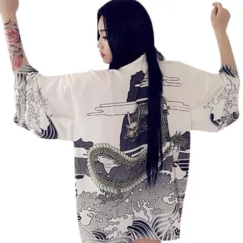 Mados Šifono Japonijos Harajuku Stiliaus Bangos Ir Vėjo Dragon Spausdinti Japonų Kimono Megztinis Moterims Vasaros Viršūnes Y6