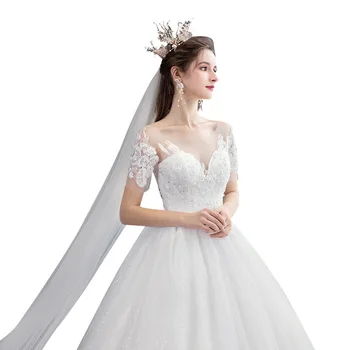Vestuvių Suknelė iki 2021 m. Nuotakos O-kaklo Grindų ilgis Nėrinių Kamuolys Suknelė Prabangių Nėrinių Bling Bling Duobute Vestuvių Suknelės