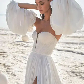 Booma Boho Vestuvių Suknelės Beach Stebėjimo Ilgai Reljefiniai Šifono Rankovėmis ir V-kaklo Vestuvių Suknelė Valymo Traukinio Užsakymą Pagaminti Vestuvių Suknelė