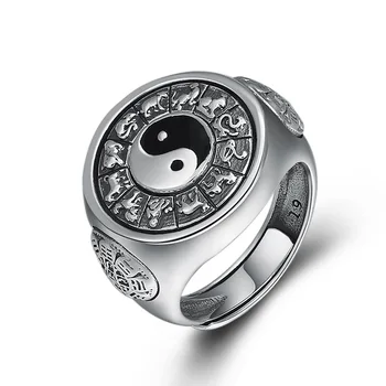 Sidabro 925 Papuošalai Yin Ir Yang Atidaryti Žiedas Kinų Stiliaus 12 Zodiako Sterlingas Sidabro Žiedas Vyrams Pasisekė Aksesuaras Dovanų Šalis