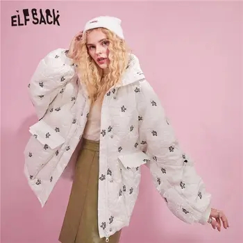 ELFSACK Balta Siuvinėjimo Negabaritinių Atsitiktinis Gobtuvu 90% Baltųjų Ančių Pūkų Paltai Moterims,2020 M. Žiemos ELF korėjos Ponios Kasdien Šiltas Outwear