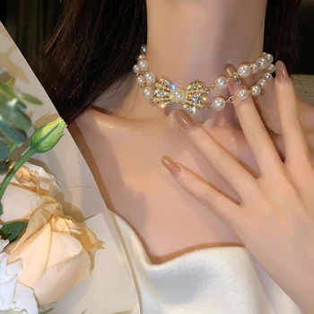 Korėjos Karšto Pardavimo Bižuterijos Elegantiška Balta Perlų Vėrinį Elegantiškas, Seksualus, Moterų Bowknot Prom Šalies Karoliai