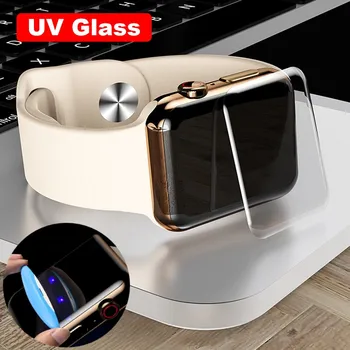 2VNT Visą Lenktas UV Klijai Grūdintas Stiklas Screen Protector For Apple Žiūrėti Serijos 4 40mm 44mm 2VNT Stiklas+2VNT Klijai+1 Šviesos