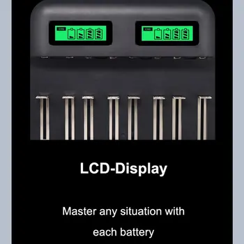 Aštuonių-slot protingas daugiafunkcinis LCD baterijos kroviklis gali įkrauti AA aštuonių D/C tipo, Nr. 5/7 įkraunamas baterijas