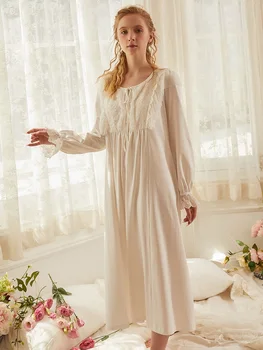 Derliaus Siuvinėjimas Medvilnės Moterų Ilgai Nightgowns Prabanga Royal Pricess Prarasti naktiniai drabužiai Elegantiškas Rudenį Pavasarį Ilgai Nighty Suknelė