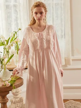 Derliaus Siuvinėjimas Medvilnės Moterų Ilgai Nightgowns Prabanga Royal Pricess Prarasti naktiniai drabužiai Elegantiškas Rudenį Pavasarį Ilgai Nighty Suknelė