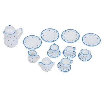 1/12 Dollhous Miniatiūriniai Mėlyna Gėlė Patten Porceliano Kavos, Arbatos Puodelius Keraminiai Stalo Lėlių Virtuvės Accessories15Pcs/set