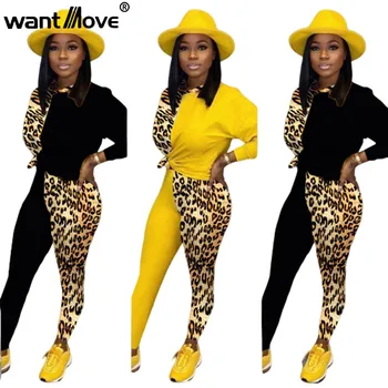 2019 Naujas moterys 2 gabalas komplektus Wantmove seksualus leopard kietas susiuvimo ilgomis rankovėmis apkarpyti viršūnes slim kelnės lauko sportwear WM1080