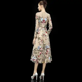 Moterys Pavasarį, Rudenį Elegantiškas Ilgas Sukneles Plonas O-kaklo Gėlių Siuvinėjimas ilgomis Rankovėmis Elastinga Klubo Šalis Suknelės Big Size Vestidos