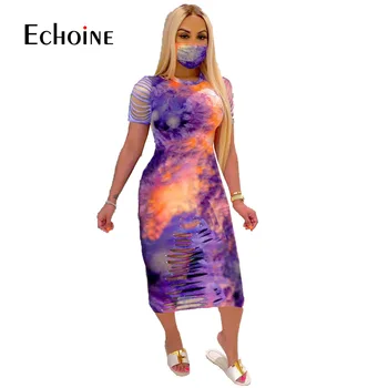 Echoine vasarą tie dažai spausdinti moterų skylę trumpomis rankovėmis slim bodycon midi vidurio blauzdos ilgio suknelė seksualus šalies klubas streetwear suknelės