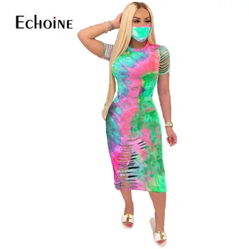 Echoine vasarą tie dažai spausdinti moterų skylę trumpomis rankovėmis slim bodycon midi vidurio blauzdos ilgio suknelė seksualus šalies klubas streetwear suknelės