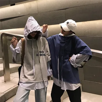 Korėjos Harajuku BF moterų prarasti siuvinėti raštais netikrą dviejų dalių susiuvimo gobtuvu ilgomis rankovėmis Laišką palaidinukė juostelės hip-hop