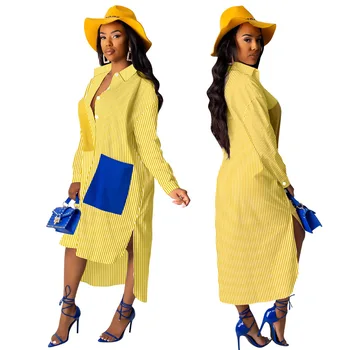 Pavasarį, Rudenį Moterys Mėlyna Geltona Juostele Marškinėliai DressButton Iki Pusės Ritininės Maxi Ilga Suknelė Priežastinis Ilgomis Rankovėmis Prarasti Plius Dydis Suknelės