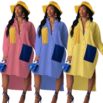 Pavasarį, Rudenį Moterys Mėlyna Geltona Juostele Marškinėliai DressButton Iki Pusės Ritininės Maxi Ilga Suknelė Priežastinis Ilgomis Rankovėmis Prarasti Plius Dydis Suknelės