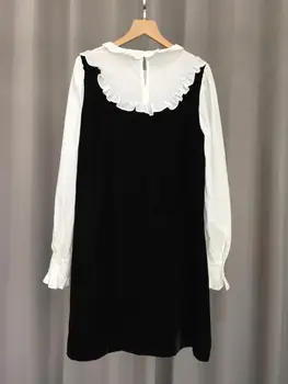 Aksomo Susiuvimo Mini Suknelė Moterų Raukiniai ilgomis Rankovėmis Saldus Rudens 2020 Trumpas Rūbeliai