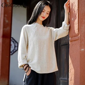 OriGoods Moterų Lino Palaidinė ilgomis rankovėmis Kinų stiliaus Skalbiniai, Marškiniai, Palaidinė Prarasti Originalaus Dizaino Vintage Palaidinė Rudenį Viršūnes C268