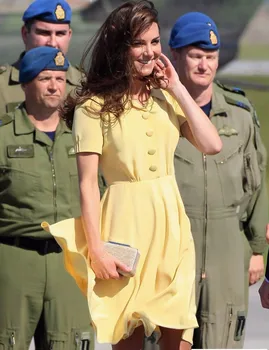 2018 Naujas Geltonos Kietos Kate Middleton Princesė Šifono Suknelė Mados Mygtuką Dizainas Trumpas Rankovės Plisuotos Dresess 5080