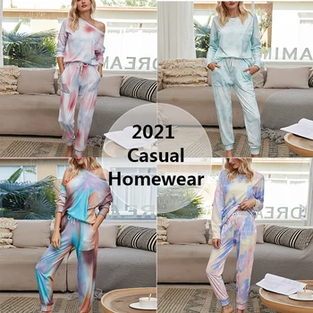 2021 M. Pavasarį Naują Atsitiktinis Ilgomis Rankovėmis Homewear 2 Vnt Moterų Laisvi, Patogūs Kaklaraištis Dažų Spausdinti Ruožas Loungewear Pižama Komplektus Femme Kostiumas