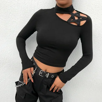 Rosetic Goth Seksualus Bamba T Marškinėliai Moterims Vasaros Saulės Ilgomis Rankovėmis Pasėlių Viršų Spausdinti Mados Gothic Black Girl Atsitiktinis Tees Marškinėliai