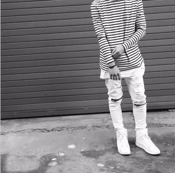 Naujas black & white kankina kelio užtrauktukas vyrų džinsai hip-hop Streetwear Kanye west stiliaus džinsinis Jogger kelnes Nelaimę liesas džinsus