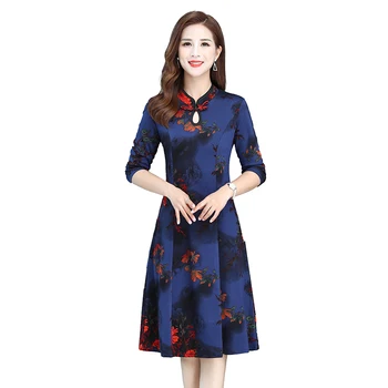 Moterų Kinų Stiliaus Spausdinimo plius aksomo Ilga Suknelė Lady Elegantiškas Siuvinėjimų Suknelės Stovėti Apykaklės, Derliaus Šalis, cheongsam