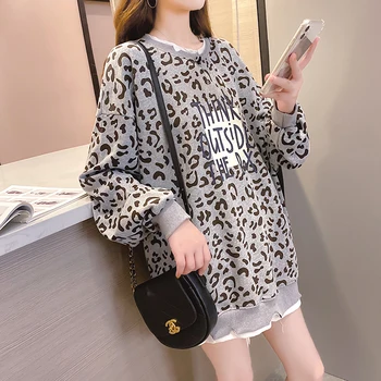 Didelio Dydžio Leopard Puloveriai, Susagstomi Megztiniai Moterų 2020 M. Rudens Mados Populiarus Prarasti Korėjos Harajuku Viršūnės Apvalios Kaklo Streetwear