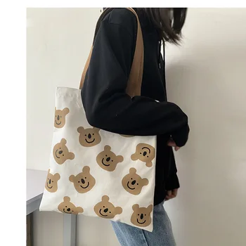 Korėjos versija Drobės Petį Krepšys Moterims Mergaitė Animaciją Lokys Balta Moterų Rankinės Medžiaga Pirkinių Maišeliai Ponios Nešti Shopper Bag