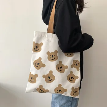 Korėjos versija Drobės Petį Krepšys Moterims Mergaitė Animaciją Lokys Balta Moterų Rankinės Medžiaga Pirkinių Maišeliai Ponios Nešti Shopper Bag