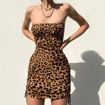 Seksualus Off Peties Vamzdis Suknelė Vasarą Moterys gyvūnų leopard-print Bodycon Sundress Stebėjimo Tampri Tvarstis Skraiste Femme atvira nugara