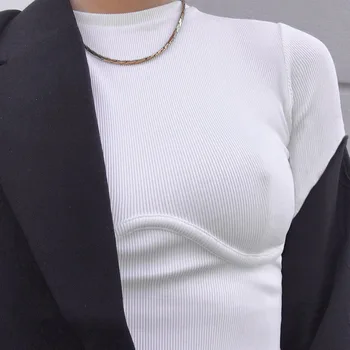 ArtSu korėjos Marškinėliai Moterims ilgomis Rankovėmis Balti Medvilniniai marškinėliai Atsitiktinis Pagrindinio Marškinėlius Femme Dygsnis 