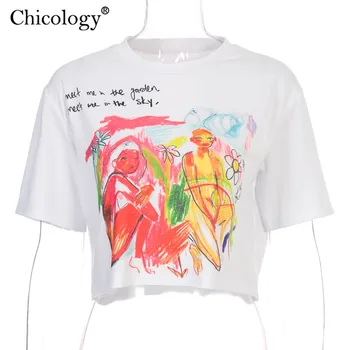 Chicology balta projektas T-shirt 2020 spausdinti vasarą trumpų drabužių moterims pasėlių viršuje streetwear spausdinti atsitiktinis marškinėliai seksuali moteris marškinėlius
