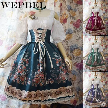 WEPBEL Moterų Lolita Dress Gėlių Žiedų Derliaus Velniop Kaklo Retro Princesė Raukiniai Trumpas Rankovės Tvarstis Cos Ponios Suknelės